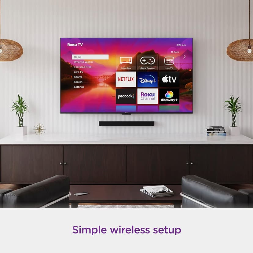 Roku TV Wireless Soundbar, Soundbar Exclusively for RokuTV with Enhanced Stereo Sound, Clear Dialogue, and Simple Wireless Setup