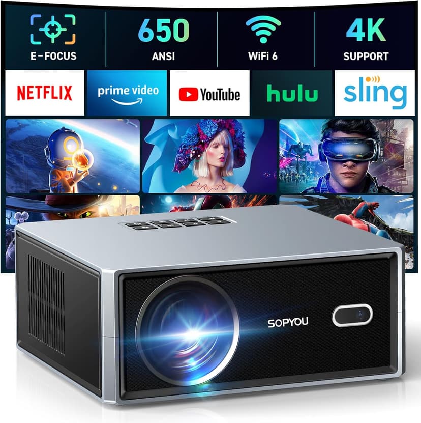[Electric Focus/Auto Keystone] Projector with WiFi and Bluetooth, 650 ANSI Native 1080P 4K Support Outdoor Movie Projectors Max 450" Display, SOPYOU Home Theater Projector for iOS/Android/TV Stick