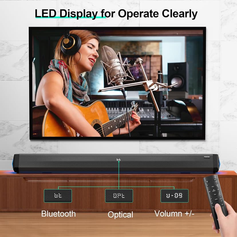 Passau Sound Bar 35 Inch Soundbar for Smart TV Speaker with LED Display, Bluetooth 5.3, Opt/USB/AUX Connectivity, 3 DSP Mode 60W Soundbar for Home Theater Audio PC Gaming Projector -35 Inch