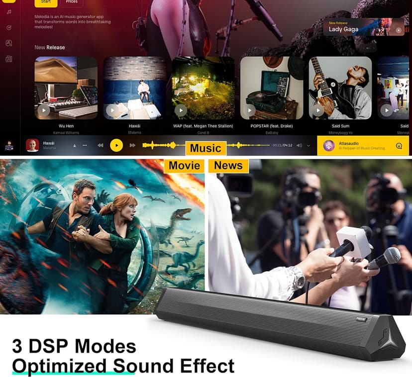 Passau Sound Bar 35 Inch Soundbar for Smart TV Speaker with LED Display, Bluetooth 5.3, Opt/USB/AUX Connectivity, 3 DSP Mode 60W Soundbar for Home Theater Audio PC Gaming Projector -35 Inch